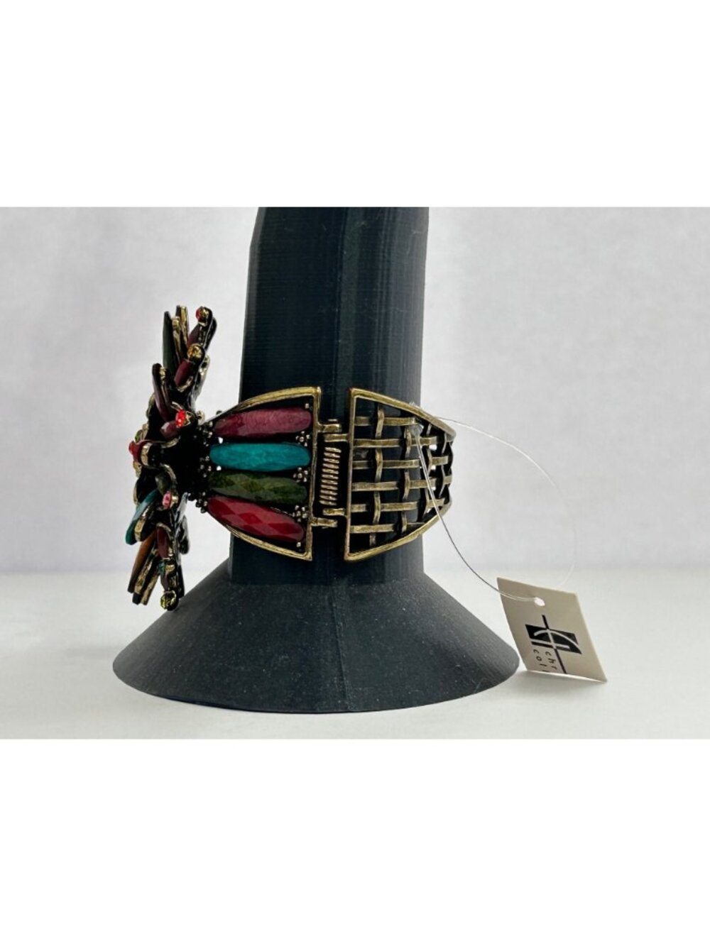 Vintage SDLZ Colorful Rhinestone Flower Faceted Cuff Bracelet Gold-Tone Costume - Picture 2 of 8